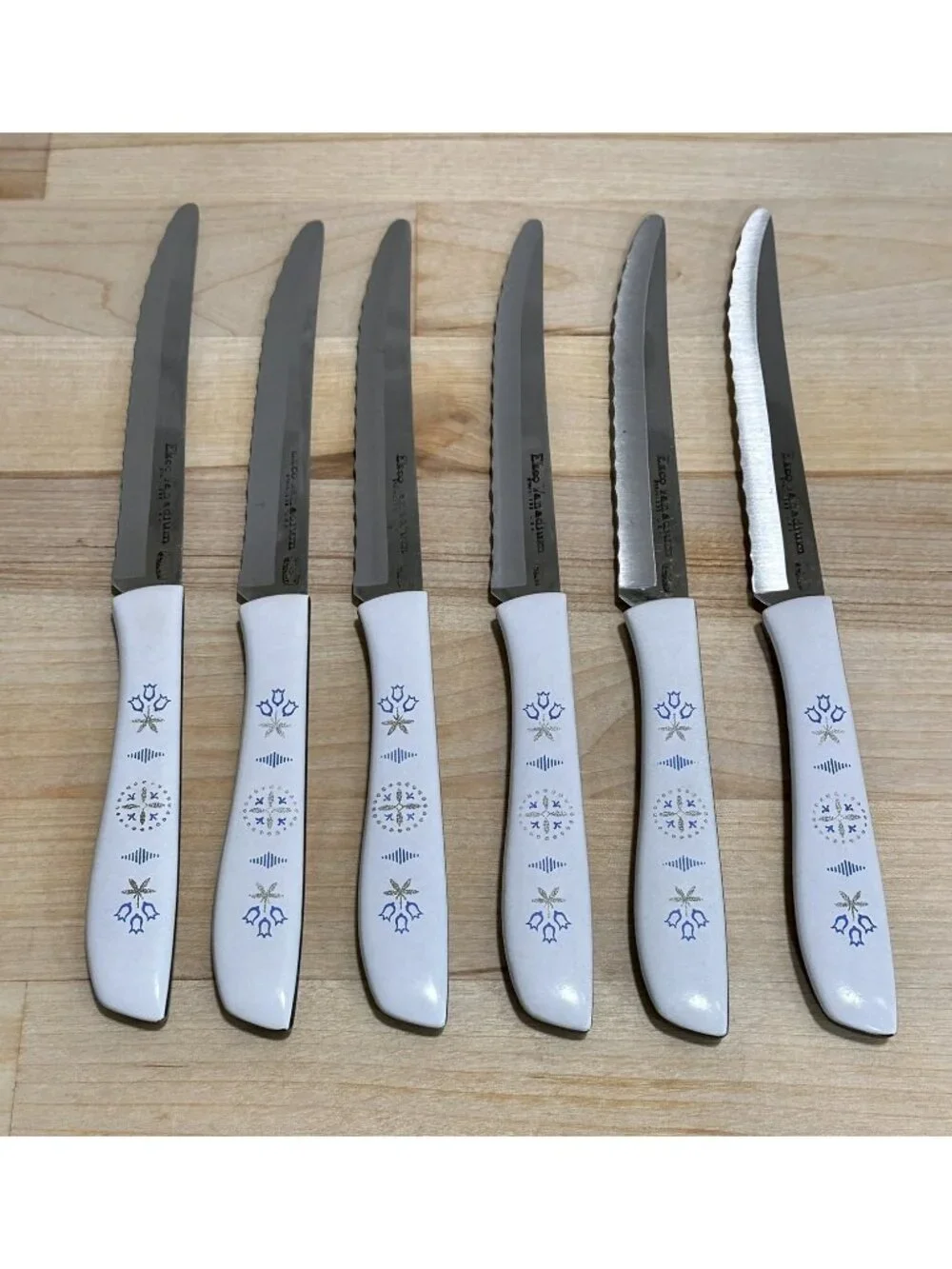 6 Vintage EKCO Vanadium Dutch Tulip Steak Knives USA Hollow Ground Set w Holder